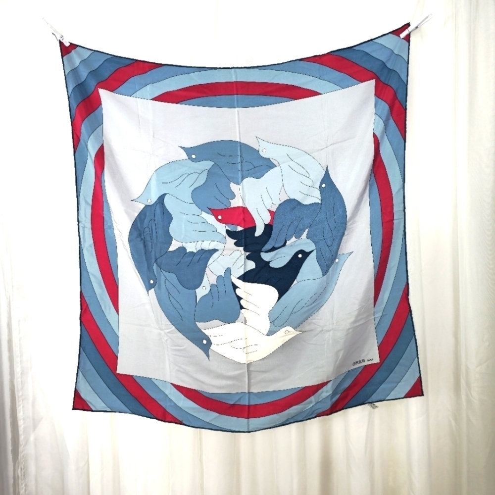 Gres Paris Foulard 100% silk square scarf bird aviary motif blue red vintage
